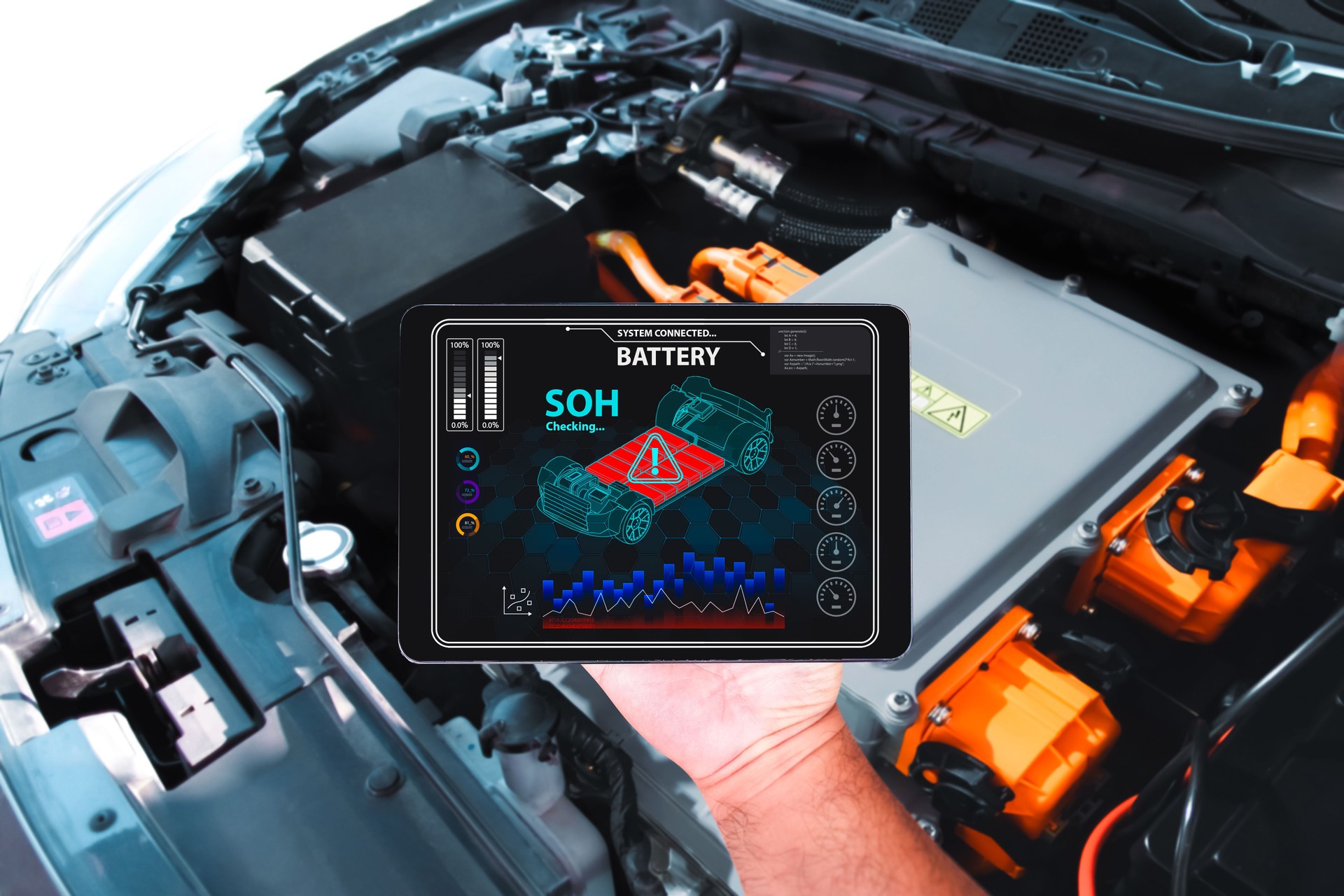 Car technician is checking SOH state of health of battery with a wireless scanner tools for electric car